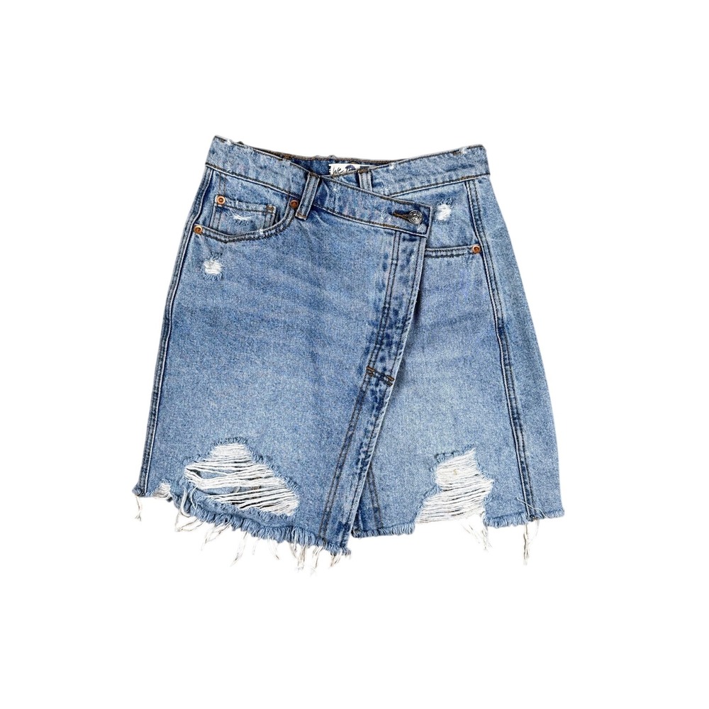 Free People Parker Wrap Mini Skirt Women's 25 Blue Distressed Denim Raw Hem